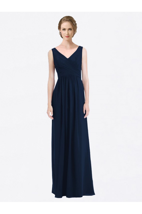 Vendeurs de Bleu marine foncé Trapèze Col V Mousseline Longue Robes demoiselle d'honneur