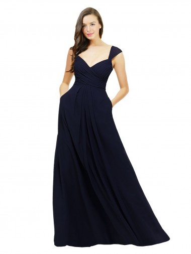 Vendeurs de Bleu marine foncé Trapèze Col V Mousseline Longue Robes demoiselle d'honneur