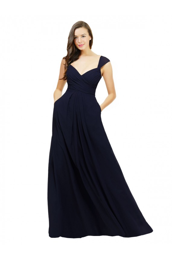 Vendeurs de Bleu marine foncé Trapèze Col V Mousseline Longue Robes demoiselle d'honneur