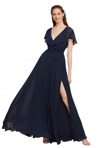 Vendeurs de Bleu marine foncé Trapèze Col V Mousseline Longue Robes demoiselle d'honneur