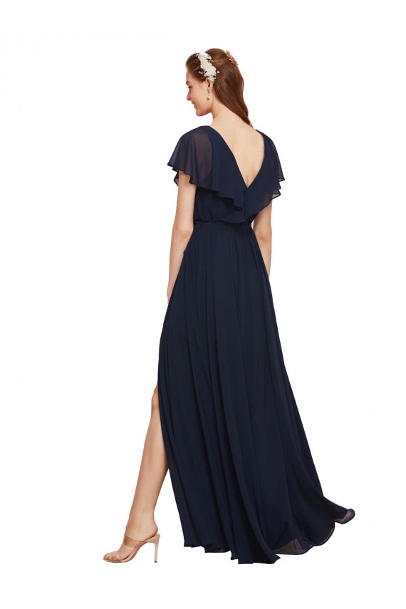 Vendeurs de Bleu marine foncé Trapèze Col V Mousseline Longue Robes demoiselle d'honneur