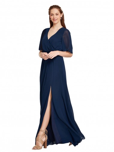 Vendeurs de Bleu marine foncé Trapèze Col V Mousseline Longue Robes demoiselle d'honneur