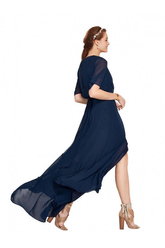 Vendeurs de Bleu marine foncé Trapèze Col V Mousseline Longue Robes demoiselle d'honneur
