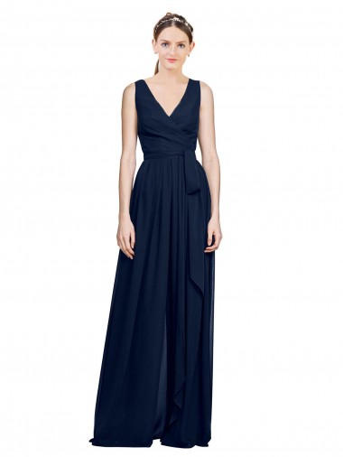 Vendeurs de Bleu marine foncé Trapèze Col V Mousseline Longue Robes demoiselle d'honneur