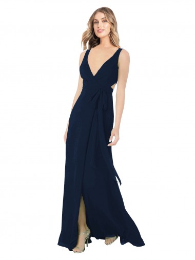 Vendeurs de Bleu marine foncé Trapèze Col V Mousseline Longue Robes demoiselle d'honneur