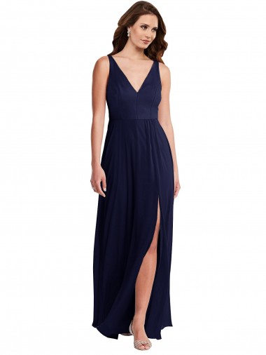 Vendeurs de Bleu marine foncé Trapèze Col V Mousseline Longue Robes demoiselle d'honneur