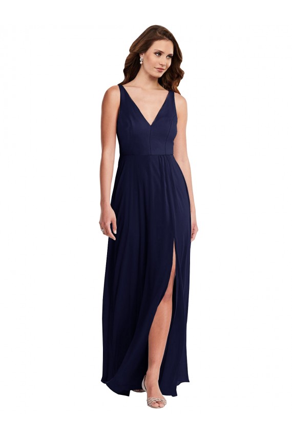 Vendeurs de Bleu marine foncé Trapèze Col V Mousseline Longue Robes demoiselle d'honneur