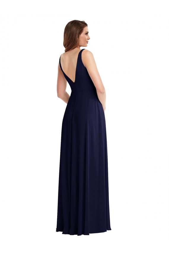 Vendeurs de Bleu marine foncé Trapèze Col V Mousseline Longue Robes demoiselle d'honneur