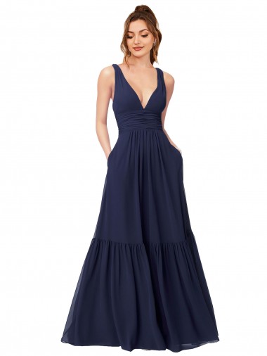 Vendeurs de Bleu marine foncé Trapèze Col V Mousseline Longue Robes demoiselle d'honneur