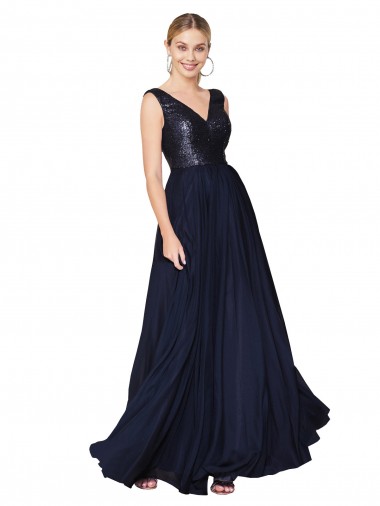 Vendeurs de Bleu marine foncé Trapèze Col V Mousseline Paillette Longue Robes demoiselle d'honneur / Robes de bal