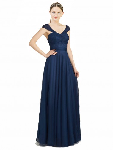 Vendeurs de Bleu marine foncé Trapèze Col V Tulle Longue Robes demoiselle d'honneur