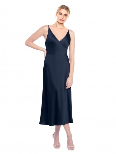 Vendeurs de Bleu marine foncé Trapèze Col V midi Satiné Stretch Courte Robes demoiselle d'honneur / Robes de soirée / Robes de cocktail