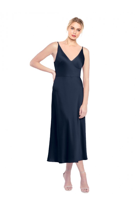 Vendeurs de Bleu marine foncé Trapèze Col V midi Satiné Stretch Courte Robes demoiselle d'honneur / Robes de soirée / Robes de cocktail