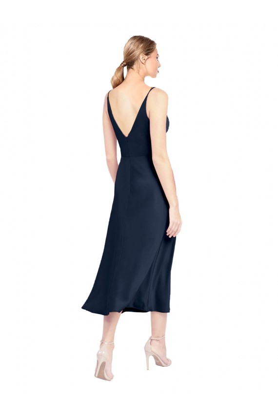 Vendeurs de Bleu marine foncé Trapèze Col V midi Satiné Stretch Courte Robes demoiselle d'honneur / Robes de soirée / Robes de cocktail