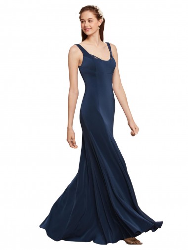 Vendeurs de Bleu marine foncé Trapèze Col rond Crêpe Stretch Longue Formelles Robes demoiselle d'honneur / Robes de soirée / Robes de bal