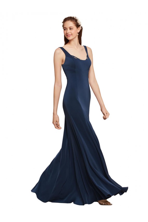 Vendeurs de Bleu marine foncé Trapèze Col rond Crêpe Stretch Longue Formelles Robes demoiselle d'honneur / Robes de soirée / Robes de bal