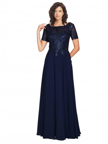 Vendeurs de Bleu marine foncé Trapèze Col rond Mousseline Longue Robes demoiselle d'honneur / Robes de bal