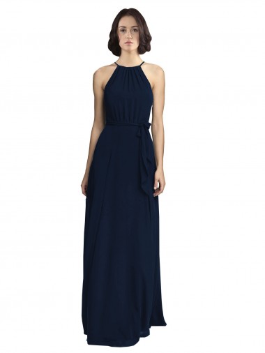 Vendeurs de Bleu marine foncé Trapèze Licou Col Haut Mousseline Longue Robes demoiselle d'honneur
