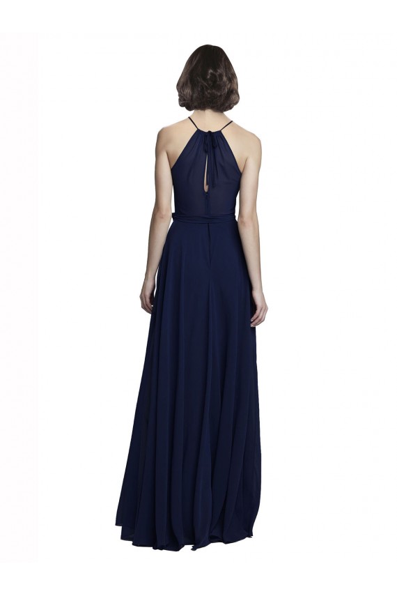 Vendeurs de Bleu marine foncé Trapèze Licou Col Haut Mousseline Longue Robes demoiselle d'honneur