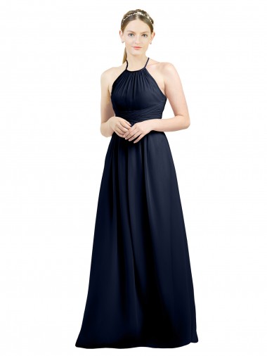 Vendeurs de Bleu marine foncé Trapèze Licou Col Haut Mousseline Longue Robes demoiselle d'honneur