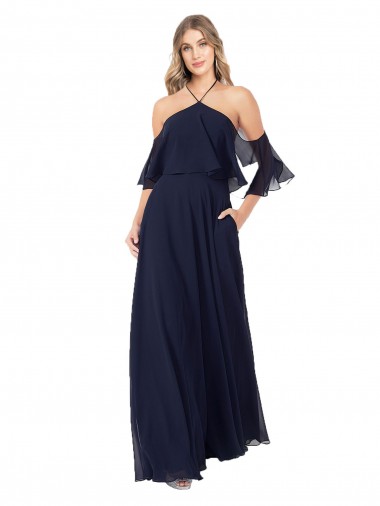 Vendeurs de Bleu marine foncé Trapèze Licou Col Haut Mousseline Longue Robes demoiselle d'honneur