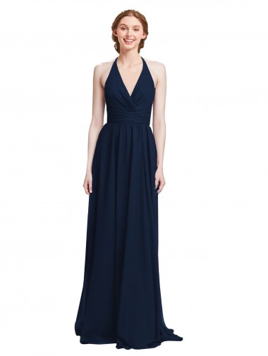Vendeurs de Bleu marine foncé Trapèze Licou Col V Mousseline Longue Robes demoiselle d'honneur