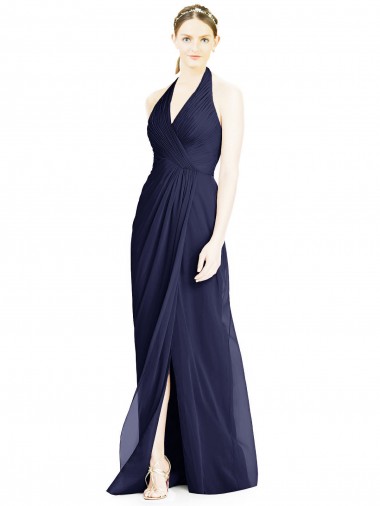 Vendeurs de Bleu marine foncé Trapèze Licou Col V Mousseline Longue Robes demoiselle d'honneur