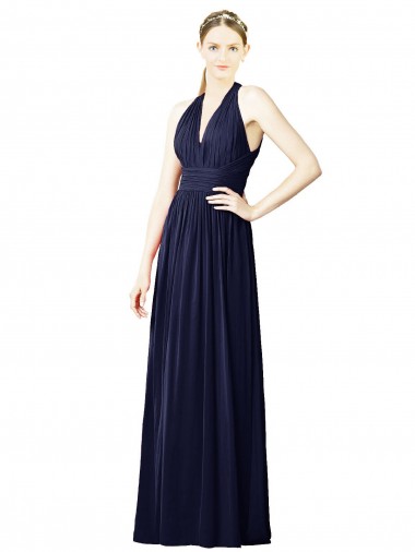 Vendeurs de Bleu marine foncé Trapèze Licou Col V Mousseline Longue Robes demoiselle d'honneur