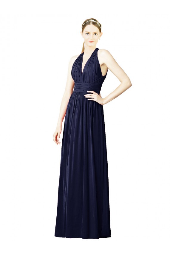 Vendeurs de Bleu marine foncé Trapèze Licou Col V Mousseline Longue Robes demoiselle d'honneur