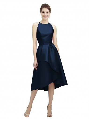 Vendeurs de Bleu marine foncé Trapèze Licou Col bijou Satiné Courte Asymétrique Robes demoiselle d'honneur