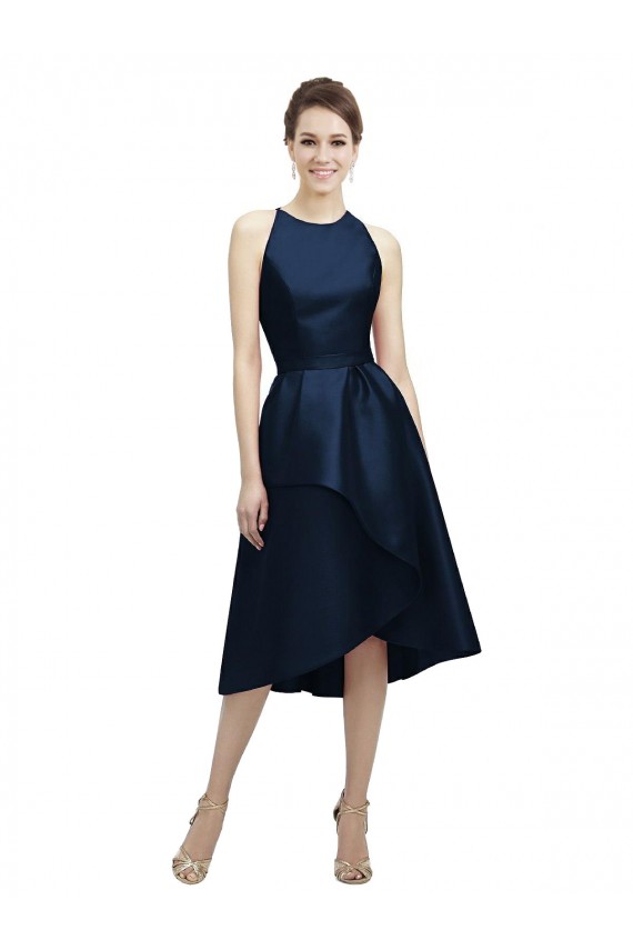 Vendeurs de Bleu marine foncé Trapèze Licou Col bijou Satiné Courte Asymétrique Robes demoiselle d'honneur