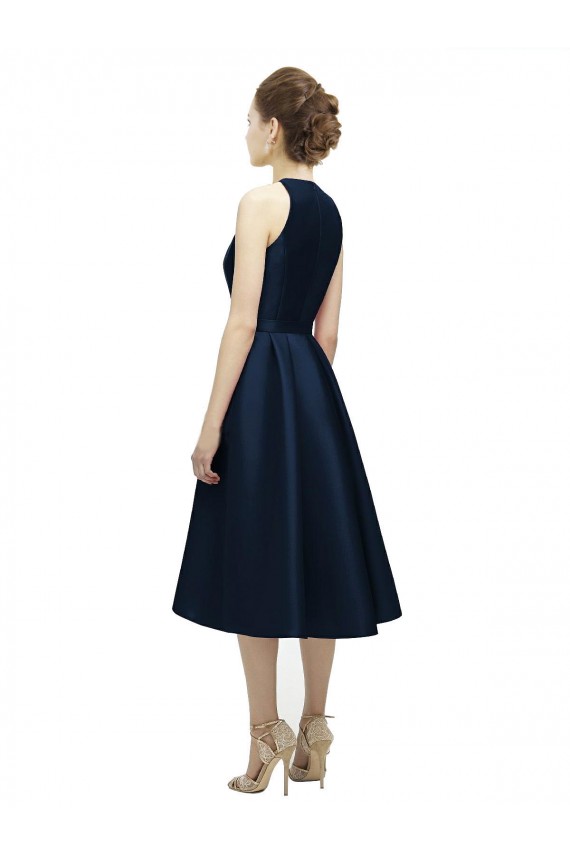 Vendeurs de Bleu marine foncé Trapèze Licou Col bijou Satiné Courte Asymétrique Robes demoiselle d'honneur