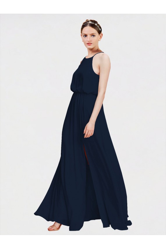 Vendeurs de Bleu marine foncé Trapèze Licou Mousseline Longue Robes demoiselle d'honneur