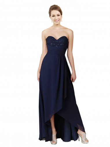 Vendeurs de Bleu marine foncé Trapèze Mousseline Longue Asymétrique Robes demoiselle d'honneur