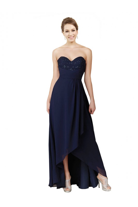 Vendeurs de Bleu marine foncé Trapèze Mousseline Longue Asymétrique Robes demoiselle d'honneur