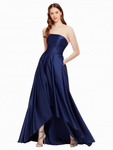 Vendeurs de Bleu marine foncé Trapèze Sans bretelle Satiné Longue Asymétrique Formelles Robes demoiselle d'honneur / Robes de soirée / Robes de bal