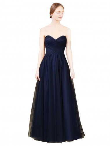 Vendeurs de Bleu marine foncé Trapèze Sans bretelle Tulle Longue Robes demoiselle d'honneur