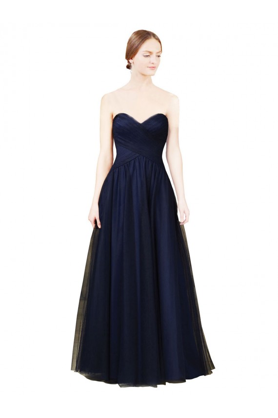 Vendeurs de Bleu marine foncé Trapèze Sans bretelle Tulle Longue Robes demoiselle d'honneur