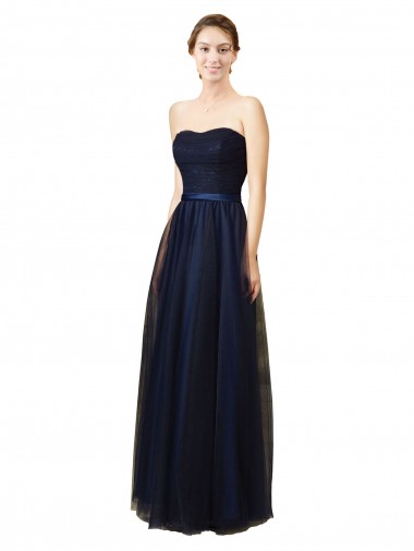 Vendeurs de Bleu marine foncé Trapèze Sans bretelle Tulle Longue Robes demoiselle d'honneur