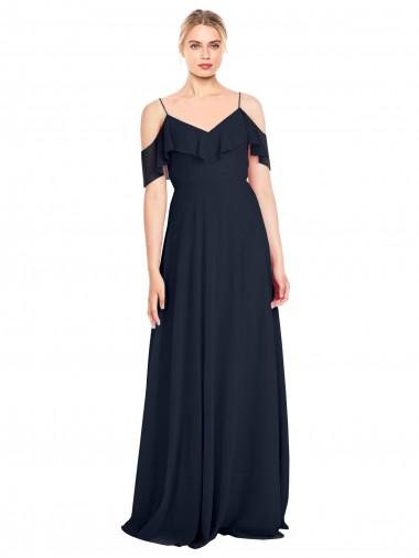 Vendeurs de Bleu marine foncé Trapèze Épaule Dénudée Bretelles spaghetti Mousseline Longue Robes demoiselle d'honneur