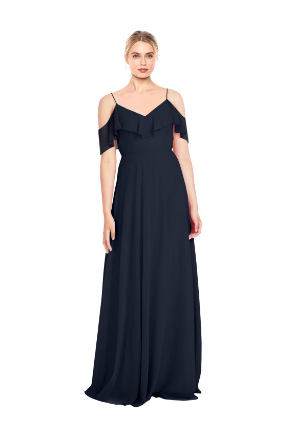 Vendeurs de Bleu marine foncé Trapèze Épaule Dénudée Bretelles spaghetti Mousseline Longue Robes demoiselle d'honneur