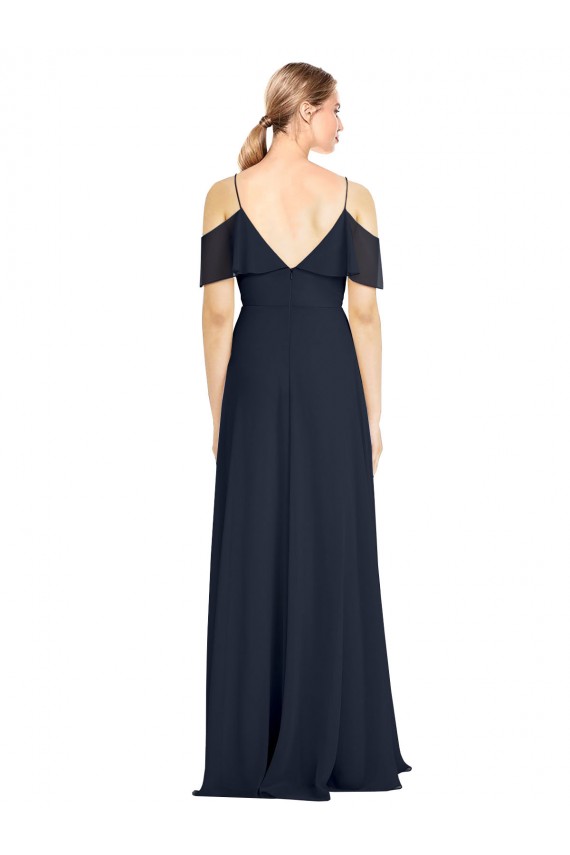 Vendeurs de Bleu marine foncé Trapèze Épaule Dénudée Bretelles spaghetti Mousseline Longue Robes demoiselle d'honneur