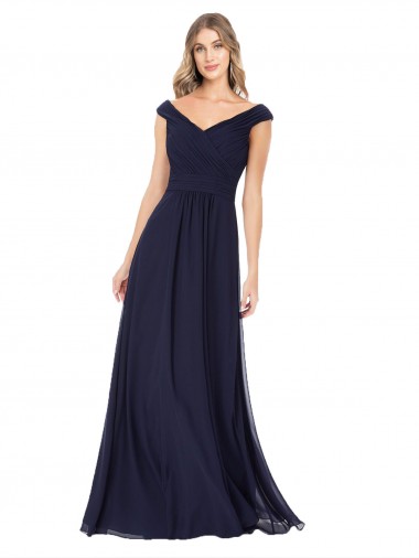 Vendeurs de Bleu marine foncé Trapèze Épaule Dénudée Mousseline Longue Robes demoiselle d'honneur