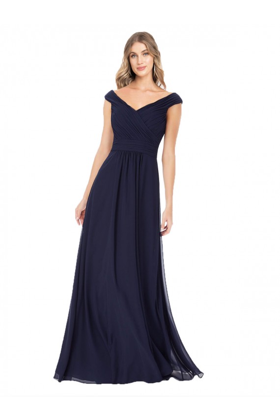 Vendeurs de Bleu marine foncé Trapèze Épaule Dénudée Mousseline Longue Robes demoiselle d'honneur