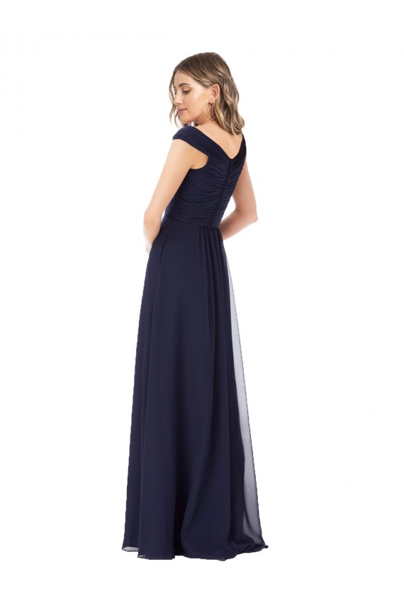 Vendeurs de Bleu marine foncé Trapèze Épaule Dénudée Mousseline Longue Robes demoiselle d'honneur
