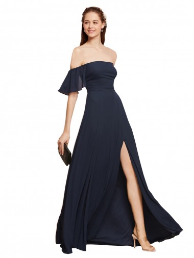 Vendeurs de Bleu marine foncé Trapèze Épaule Dénudée Mousseline Longue Robes demoiselle d'honneur / Robes de bal