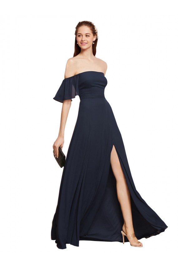 Vendeurs de Bleu marine foncé Trapèze Épaule Dénudée Mousseline Longue Robes demoiselle d'honneur / Robes de bal