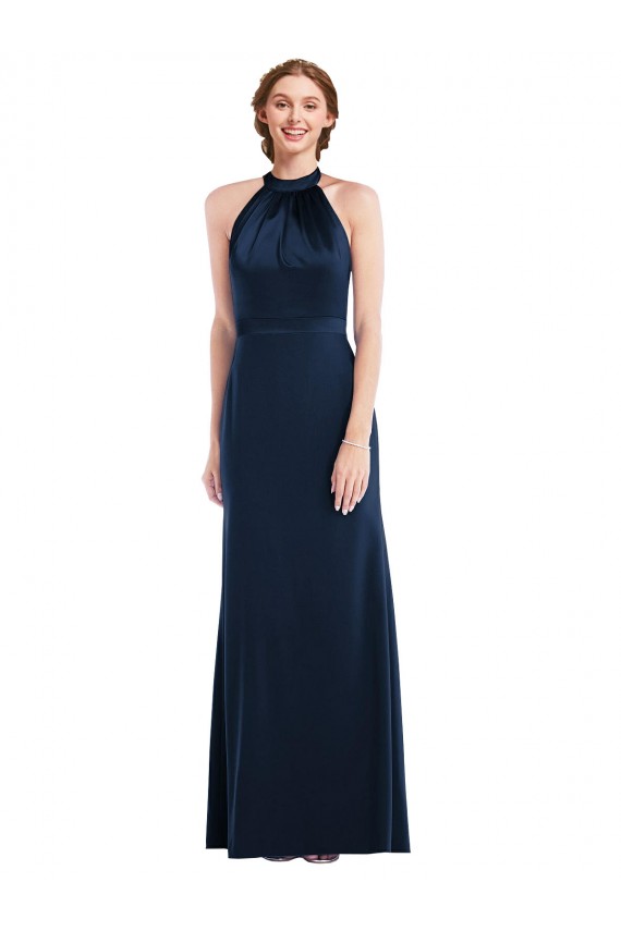 Vendeurs de Bleu marine foncé Trompette Col Haut Crêpe Stretch Longue Robes demoiselle d'honneur / Robes de bal
