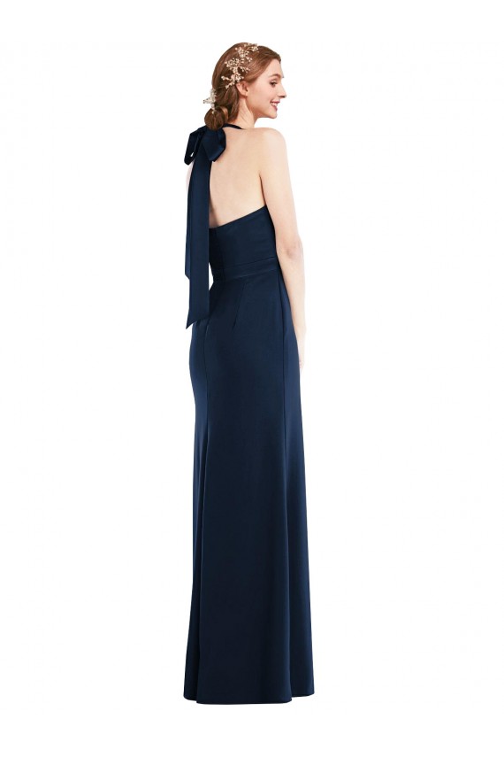 Vendeurs de Bleu marine foncé Trompette Col Haut Crêpe Stretch Longue Robes demoiselle d'honneur / Robes de bal