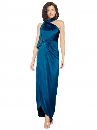 Vendeurs de Bleu paon Fourreau Licou Col Haut Satiné Soyeux Longue Formelles Robes demoiselle d'honneur / Robes de soirée / Robes de bal